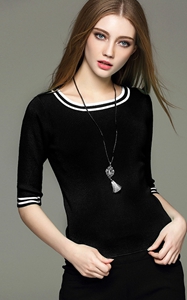 SZ60037-2Womens Классический пуловер с рукавами до локтя и 0 вырезом, осенний трикотажный топ